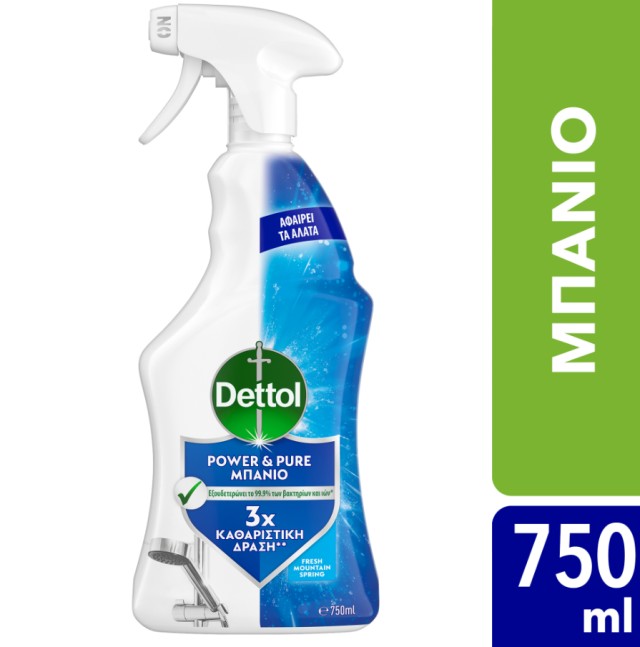 Dettol Power & Pure Υγρό Καθαριστικό & Απολύμαντικό Μπάνιου Fresh Mountain Spring 500ml