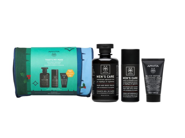 Apivita Set That's My Man Mens Care Hair & Body Wash 250ml + Mens Care Anti Wrinkle Face Eye Cream 50ml + Black Detox Cleansing Face Eyes Gel 50ml