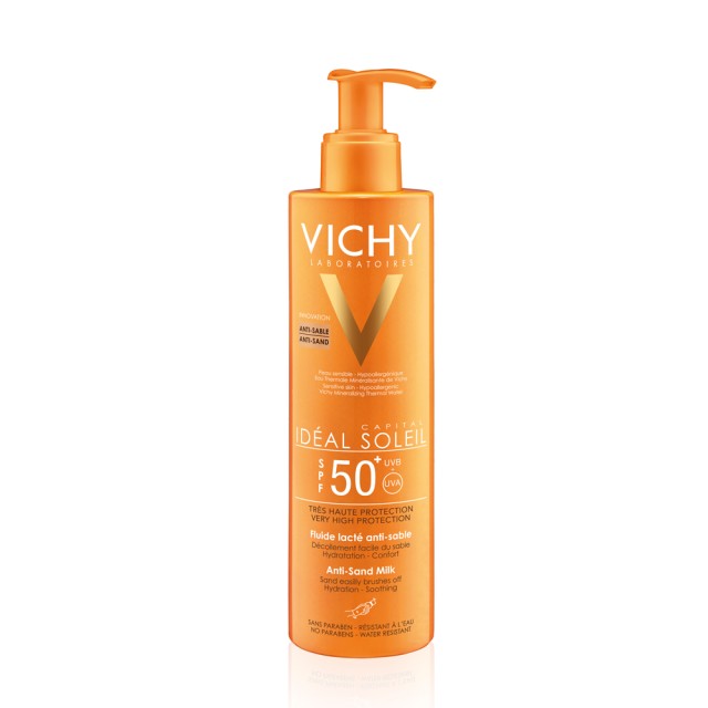 Vichy Ideal Soleil SPF50+ Αντιηλιακό Γαλάκτωμα που απομακρύνει την Άμμο από την επιδερμίδα για Σώμα & Πρόσωπο 200ml