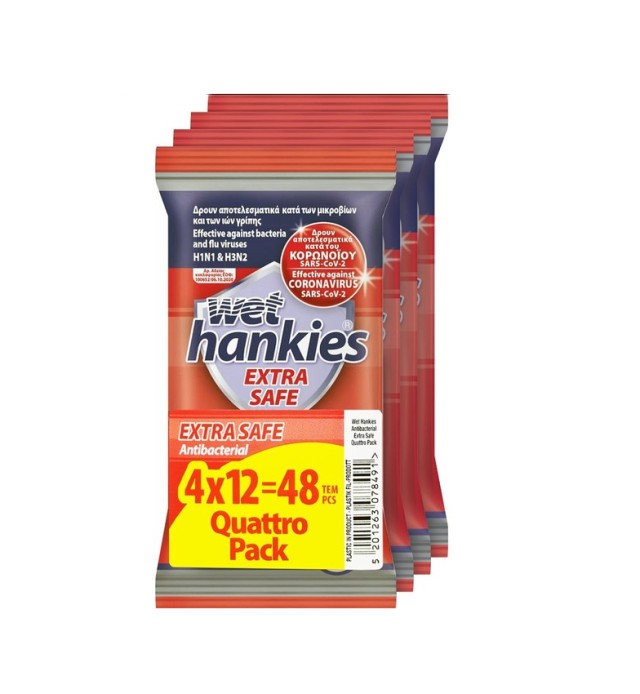 Mega Wet Hankies Extra Safe Antibacterial Αντιβακτηριδιακά Μαντηλάκια Χεριών (4x12) 48τμχ