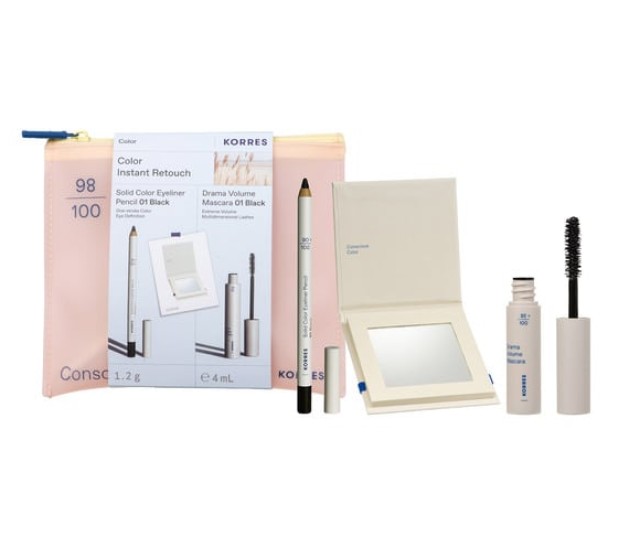 Korres Set Color Instant Retouch με Solid Color Eyeliner Pencil Μολύβι Ματιών - 01 Black 1.2g & Drama Volume Mascara Μάσκαρα για Έντονο Μήκος & Όγκο - 01 Black 4ml & Δώρο Καθρέφτης 1τμx & Νεσεσέρ