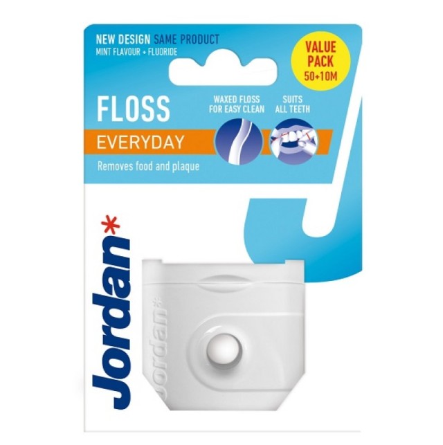 JORDAN Everyday Floss Οδοντικό Νήμα Κερωμένο με Γεύση Μέντας 50m + 10m Δώρο