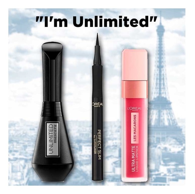 L'Oreal Paris  Set Unlimited Bendable Mascara Black 7,4ml + Perfect Slim Superliner Eyeliner 6ml + Infallible Les Macarons Ultra Matte Liquid Lipstic 822 Mon Caramel 7,6ml