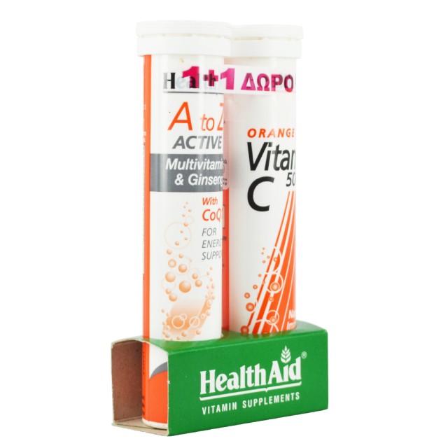 HEALTH AID A toZ Active Multivitamins & Ginseng+CoQ10 & 500mg Πορτοκάλι - 20 + 20 Tabs ΔΩΡΟ