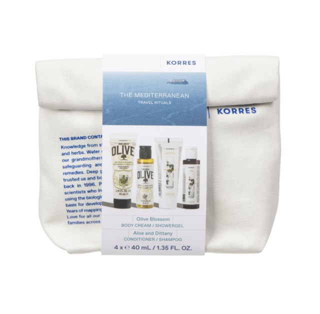 Korres Set Travel Size The Mediterranean Pure Greek Olive Blossom Αφρόλουτρο 40ml & Body Milk Olive Blossom Κρέμα Σώματος 40ml & Σαμπουάν για Κανονικά Μαλλιά με Αλόη & Δίκταμο 40ml & Μαλακτική Κρέμα Αλοή & Δίκταμο 40ml & Δώρο Νεσεσέρ