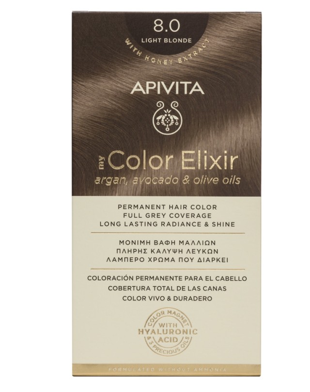 Apivita My Color Elixir kit Μόνιμη Βαφή Μαλλιών 8.0 ΞΑΝΘΟ ΑΝΟΙΧΤΟ