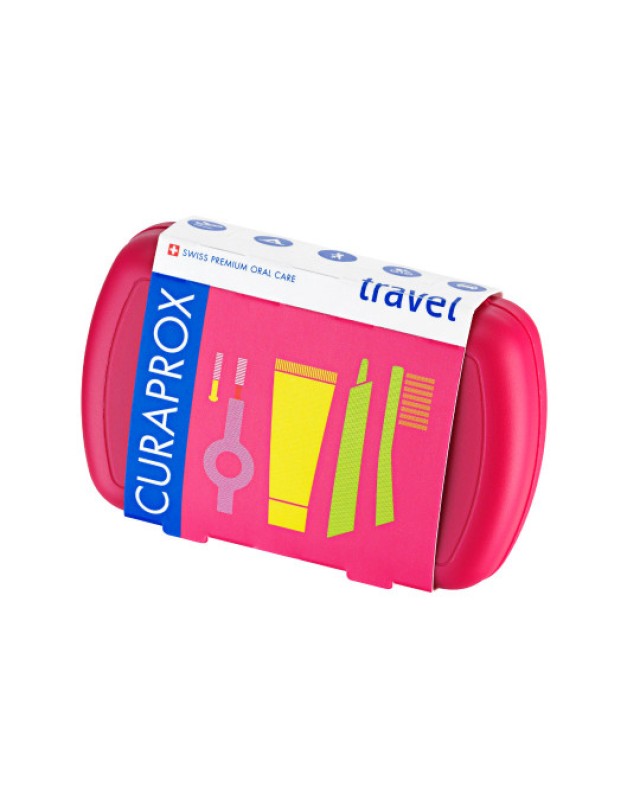 Curaprox Travel Set Στοματικής Υγιεινής Ταξιδίου με Οδοντόκρεμα 10ml + Οδοντόβουρτσα Πτυσσόμενη + Μεσοδόντιο Βουρτσάκι Καθαρισμού + Κουτί Μεταφοράς Φούξια 1τμχ