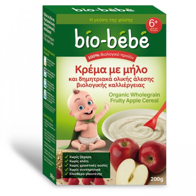 Bio-Bebe Κρέμα με μήλο & δημητριακά ολικής άλεσης βιολογικής καλλιέργειας 6+ Μηνών 200gr