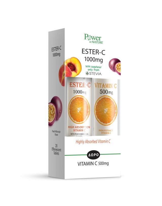 Power Health Vitamin Ester-C 1000mg με Στέβια 20 eff tabs & Δώρο Vitamin C 500mg Πορτοκάλι 20eff tabs