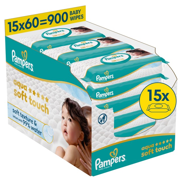 Pampers Aqua Baby Wipes Soft Touch Μωρομάντηλα 99% Water 15x60τμχ