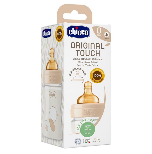 Chicco Original Touch Γυάλινο Μπιμπερό με Θηλή Καουτσούκ 0m+ 150ml