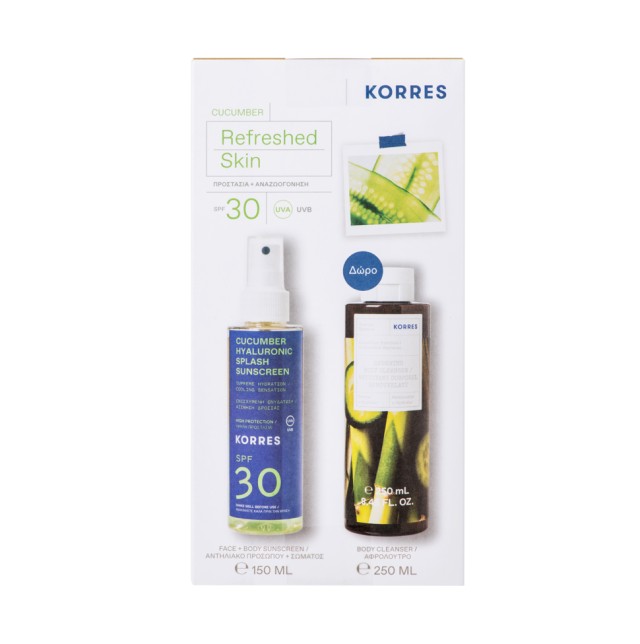 Korres Set Cucumber Refreshed Skin Cucumber & Hyaluronic Splash Sunscreen SPF30 Biphasic Sunscreen with High Protection for Face & Body 150ml + Gift Body Cleanser Cucumber Bamboo Bubble Bath 250ml