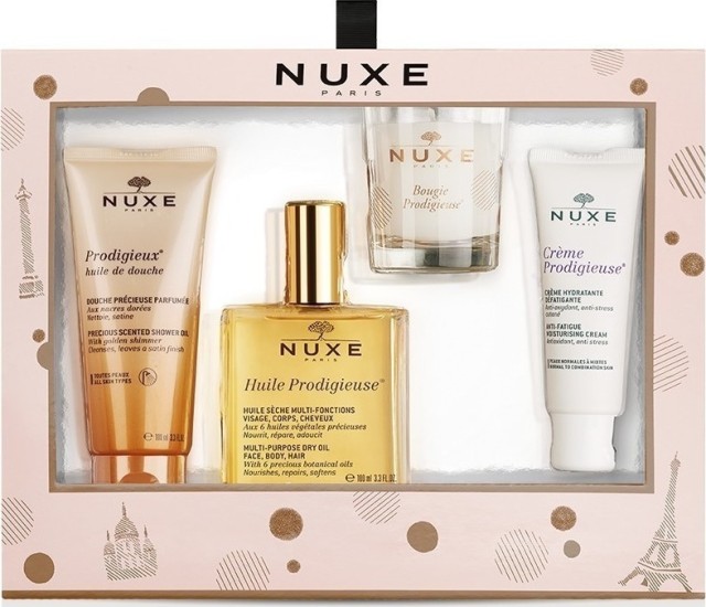 NUXE PRODIGIEUX HUILE DE DOUCHE 100ML + HUILE PRODIGIEUSE 100ML + CREME PRODIGIEUSE 40ML + ΚΕΡΑΚΙ PRODIGIEUSE 70GR