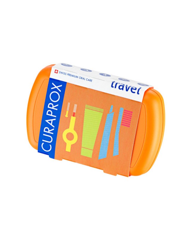 Curaprox Travel Set Στοματικής Υγιεινής Ταξιδίου με Οδοντόκρεμα 10ml + Οδοντόβουρτσα Πτυσσόμενη + Μεσοδόντιο Βουρτσάκι Καθαρισμού + Κουτί Μεταφοράς Πορτοκαλί 1τμχ