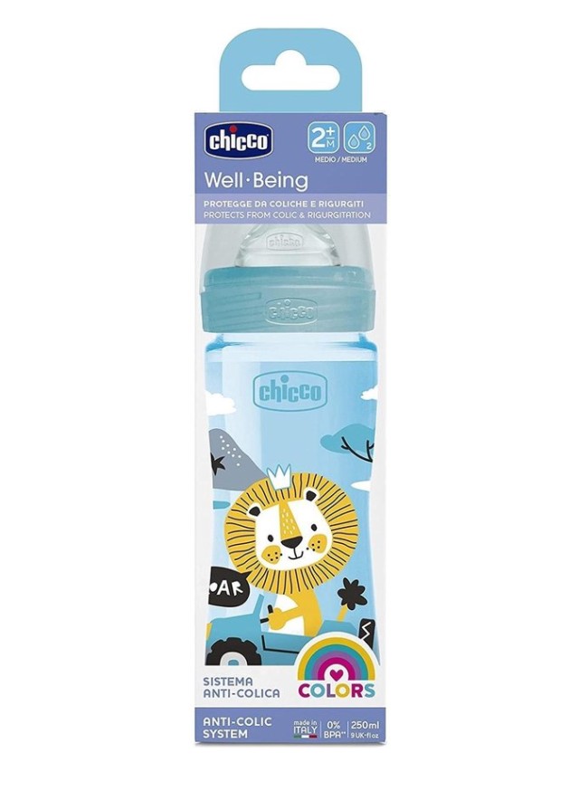 Chicco Well Being Πλαστικό Μπιμπερό Μπλε ΘΣ Κανονική Ροή 2m+ 250ml